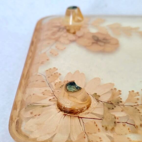Vintage Yellow Resin Dried Flowers Bathroom Footed Vanity Tray Trinket Display - Picture 5 of 8